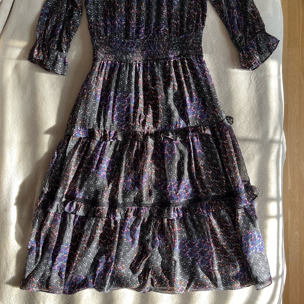 Purple and Blue Tiered Ruffled Sundress with Bishop Sleeves